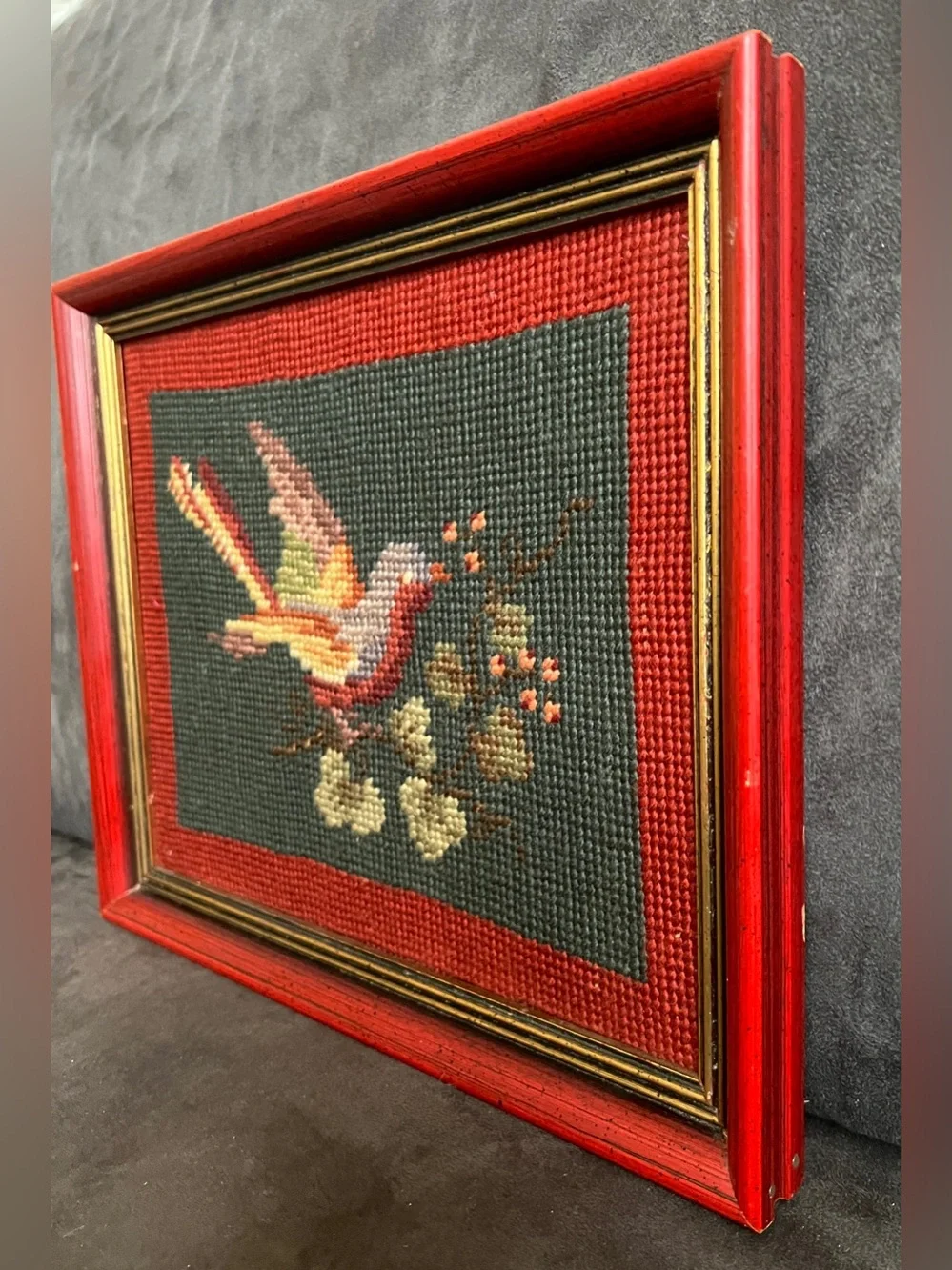 Vintage Framed Bird Needlepoint Wall Art Mid Century Red Wood Frame 8x10
